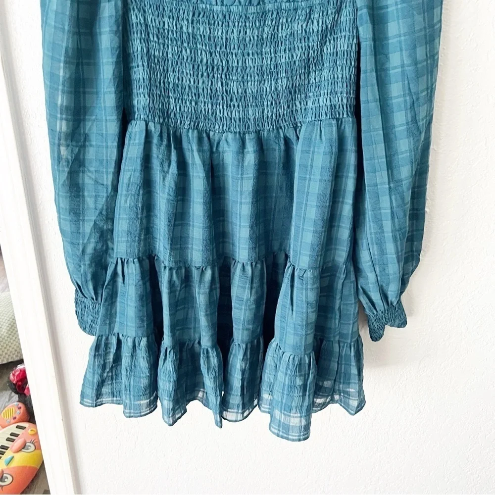 Urban Outfitters Dress Medium River Smocked Long Sleeve Blue Gingham Mini - Picture 3 of 6